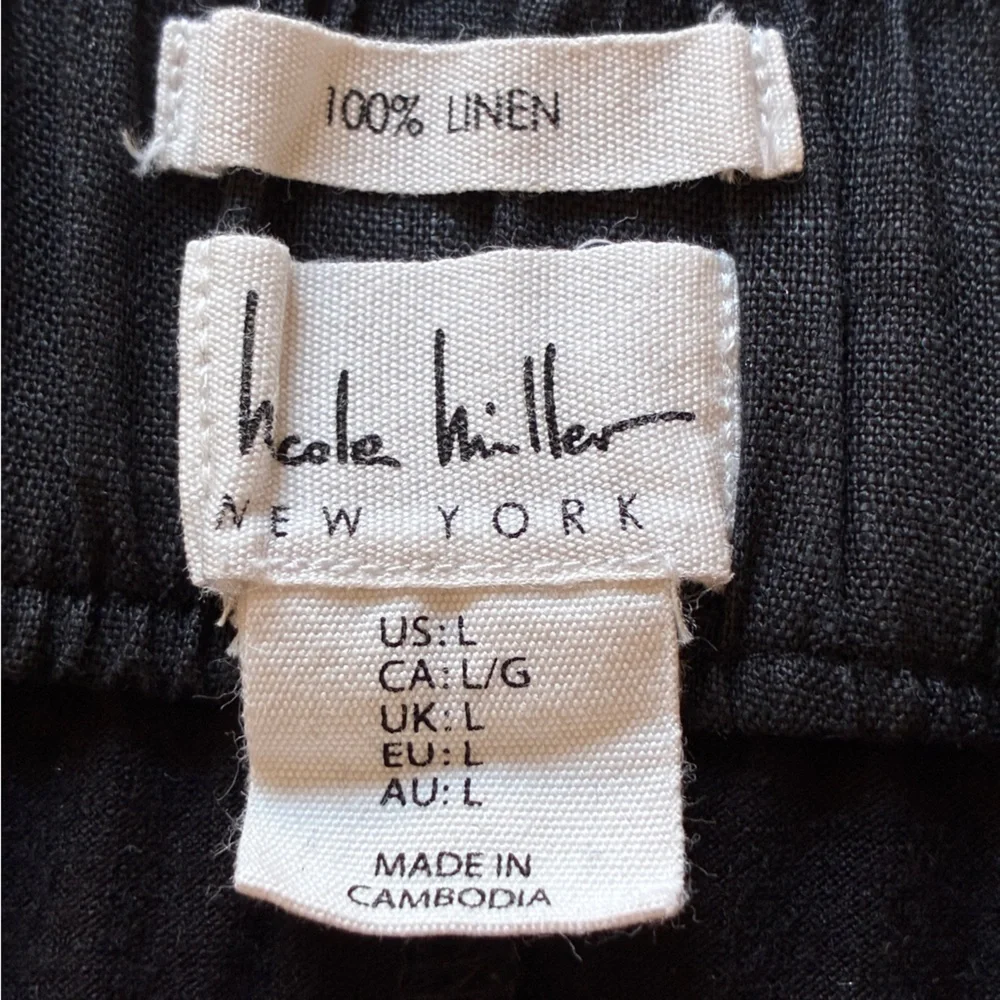 Nicole Miller Black 100% Linen Mini Skirt Patch Pockets Elastic Waist XS Summer